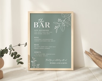 Sage floral wedding sign, Bar menu sign, Bar menu template, Floral wedding sign, Botanical wedding sign, Sage green #sagefloral