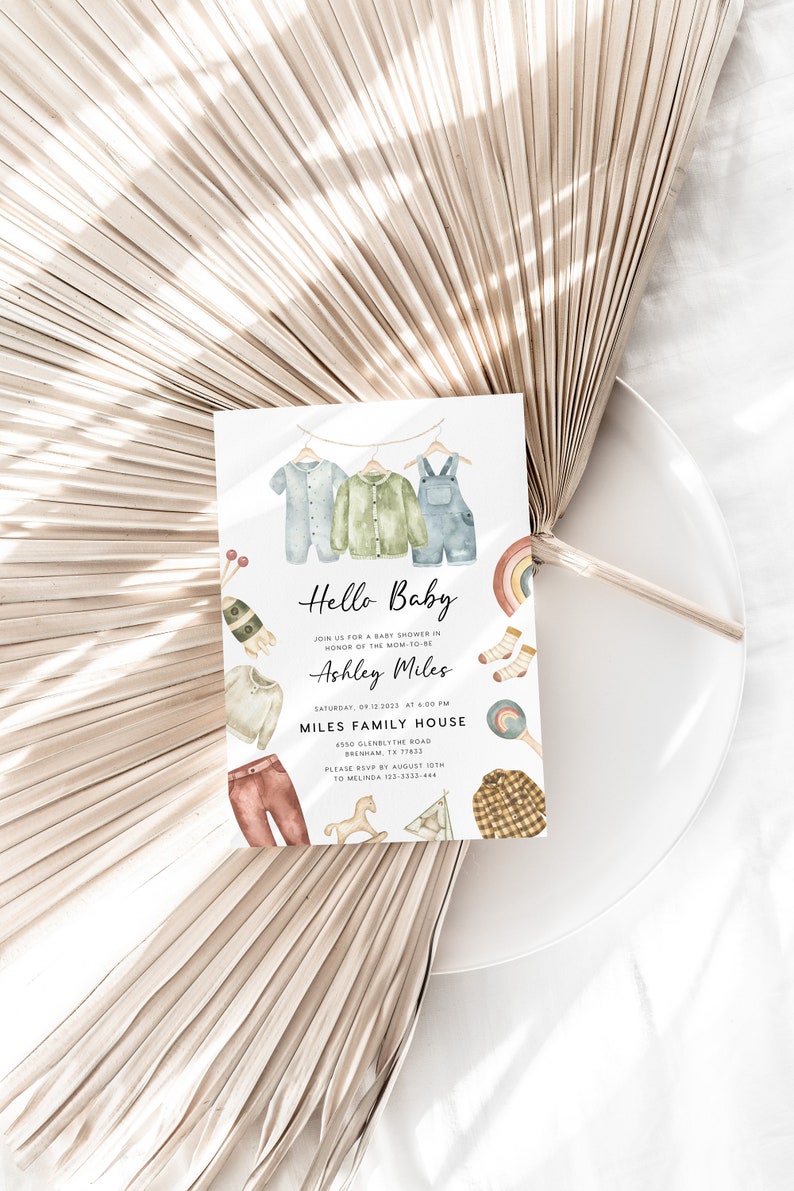 Hello Baby Invitation, Boho Baby shower Invitation, Baby Clothes Invitation, Editable Baby shower invitation template clt023 image 10