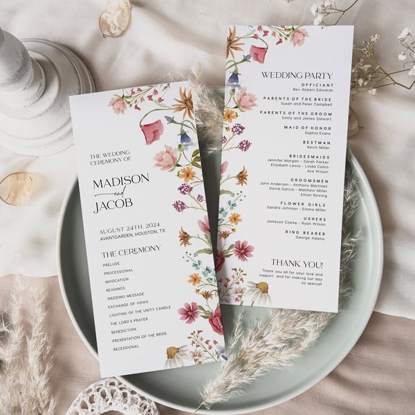 Floral Wedding program, Wedding ceremony program template, Colorful wildflower wedding program cards #Viona