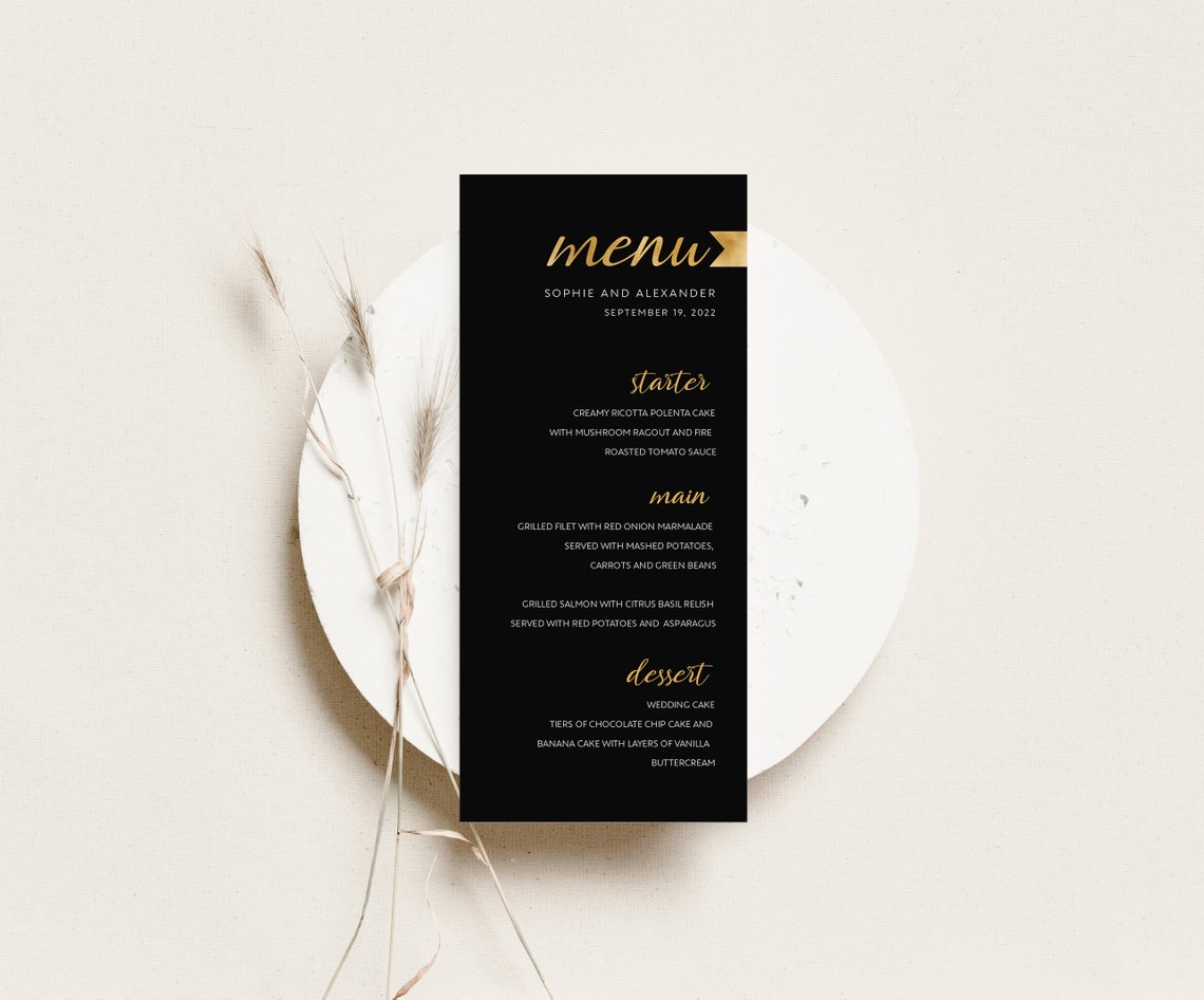 Black and Gold Menu Template Wedding Dinner Menu Instant Etsy