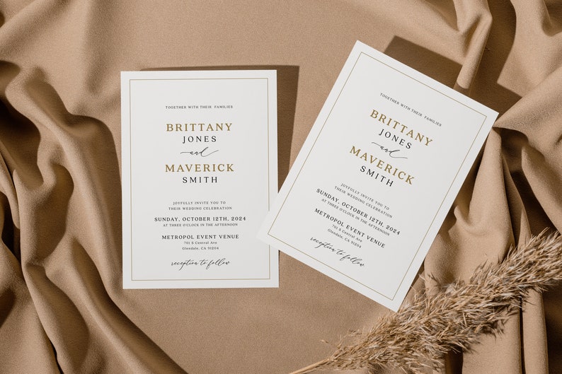 Wedding invitation template, Elegant minimalist wedding invitation set, gold invitation wedding aestheticlwt image 2