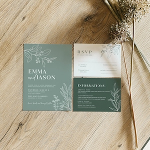 Floral Sage wedding invitation, Botanical wedding invitation, Sage green invitation template, Sage wedding suite sagefloral image 2