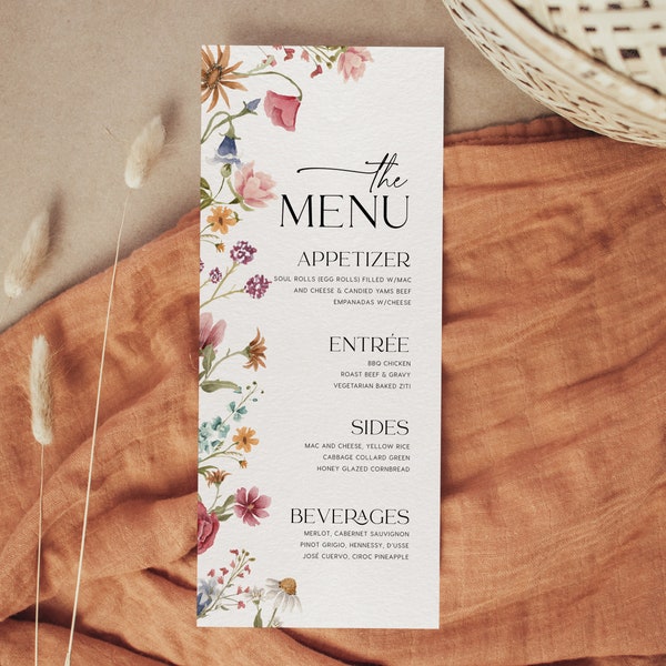 Modèle de menu de mariage, cartes de menu florales colorées, modèle de menu de fleurs sauvages bohèmes #Viona