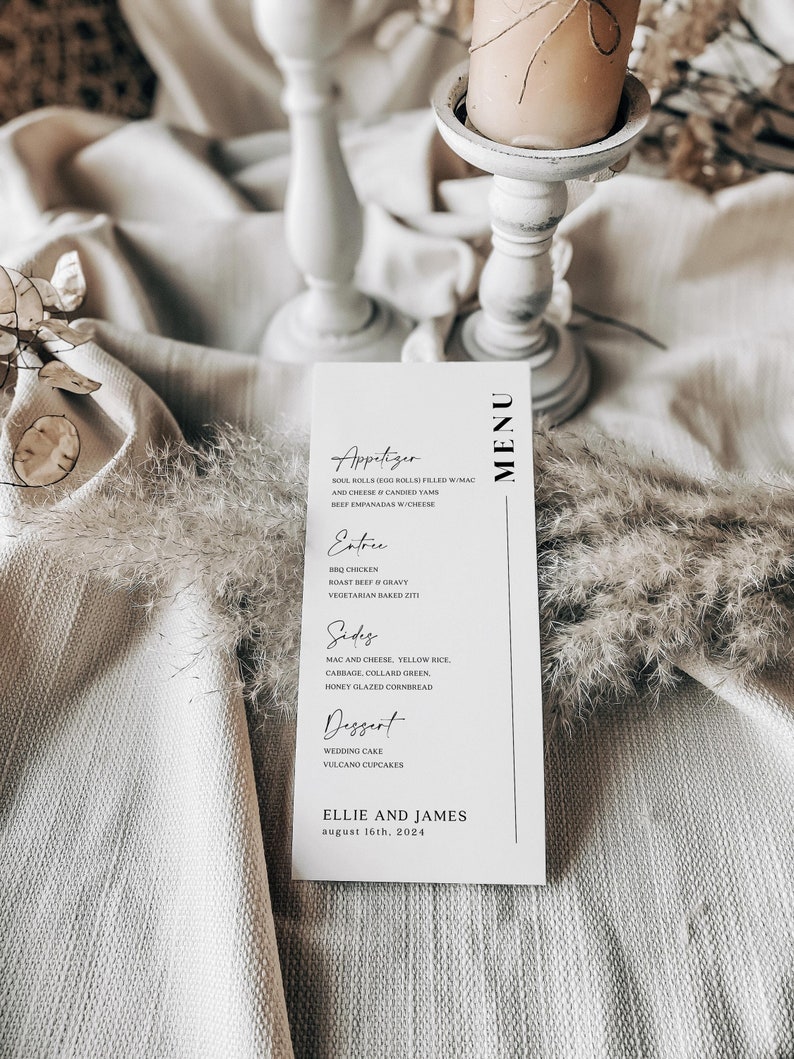 Elegant and Minimalist Menu Template Wedding Table Menu Etsy