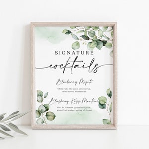 Signature Cocktails sign, Wedding sign template, Greenery sign, Instant access through Templett  #Elise