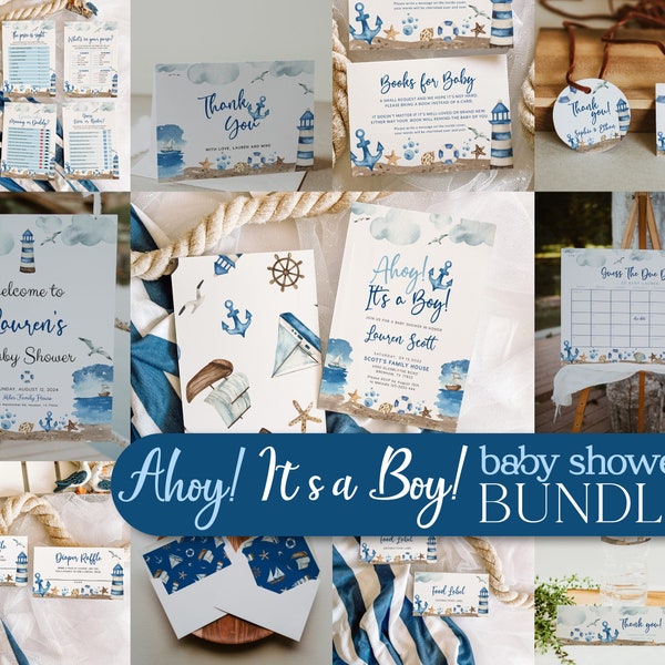Baby Shower Bundle, Nautical Baby shower, Ahoy! It's a Boy Invitation, Baby shower Games, Welcome signs, Thank You cards, Tags #Nautical
