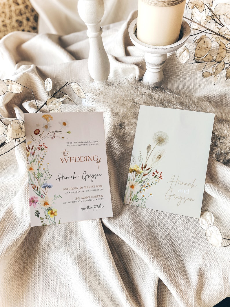 boho floral beige wedding invitation