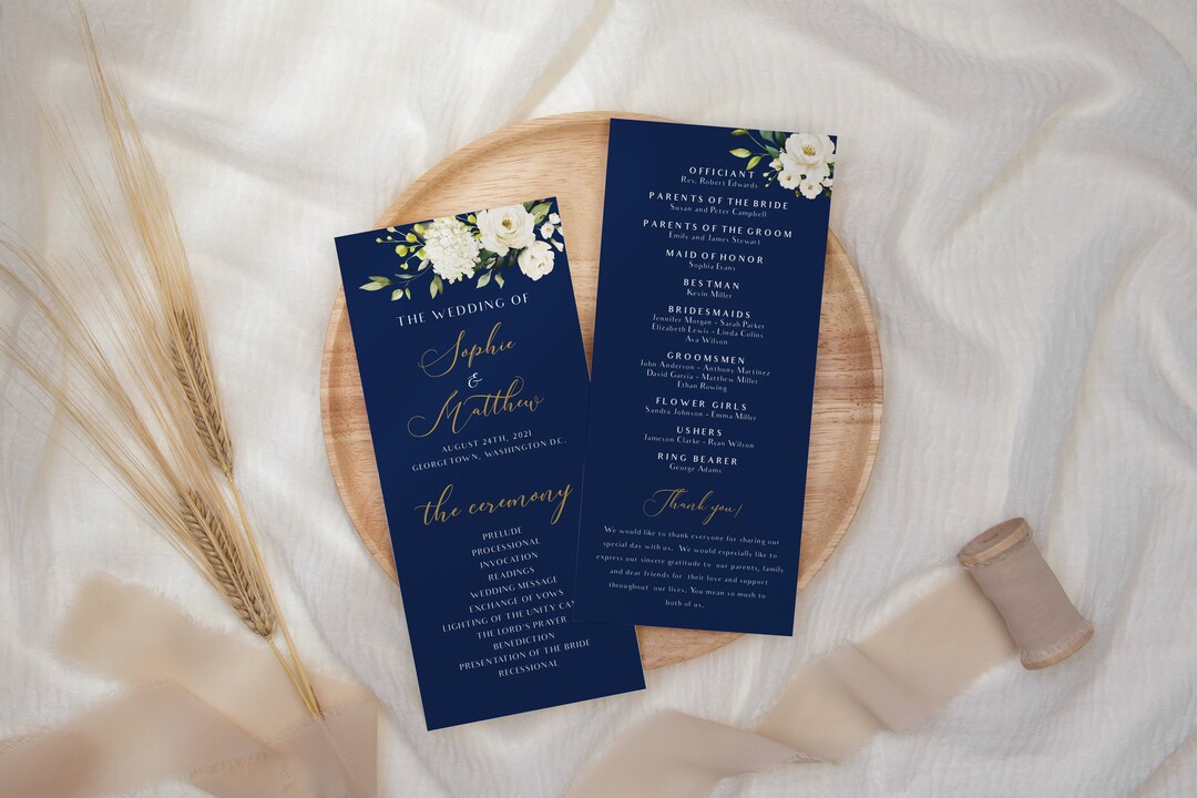 Wedding Program Template, Navy Wedding Program, Floral Wedding Program ...