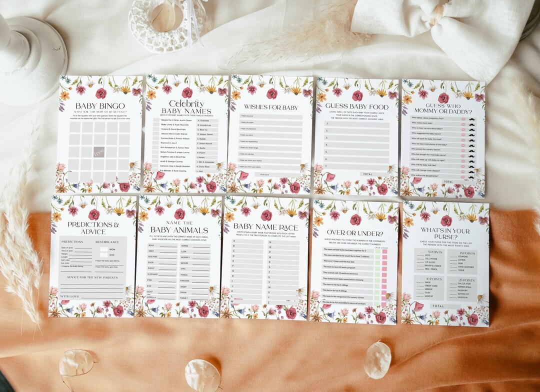 Floral Baby Shower Games Bundle, Games Bundle Templates, Colorful Baby