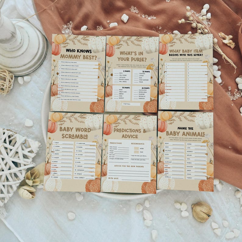 Baby Shower Games, Games Bundle, Fall Baby Shower Stationery With
