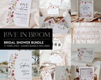 Floral Bridal Shower Bundle, Love In Bloom Bridal Shower Bundle, Invitation template, Games bundle, Welcome sign tempalte and more #Viona