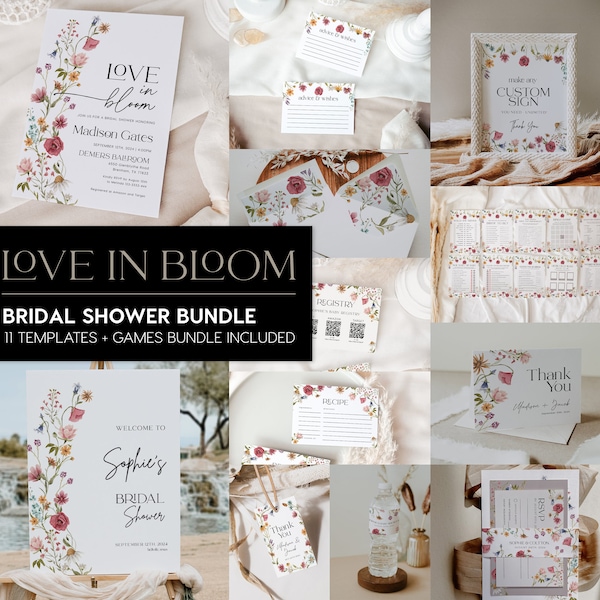 Floral Bridal Shower Bundle, Love In Bloom Bridal Shower Bundle, Invitation template, Games bundle, Welcome sign tempalte and more #Viona