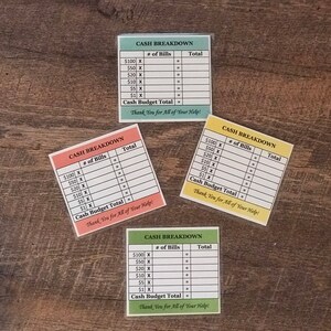 May include: Three printable cash breakdown charts with a yellow, green, and pink background. Each chart has a column for the number of bills and a column for the total amount. The charts are labeled "Cash Breakdown" and include the text "Thank You for All of Your Help!"