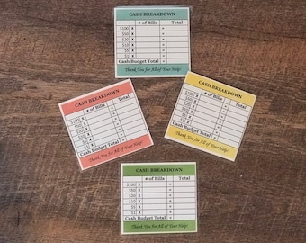 CASH BREAKDOWN LAMINATED Card for Teller: Cash Envelopes Dave Ramsey Inspired Cash Budgeting