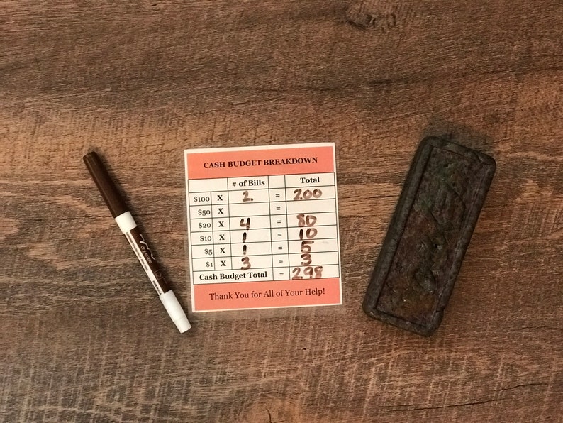 May include: A white sheet of paper with a red border and the text "CASH BUDGET BREAKDOWN" printed on it. The paper has a table with the headings "# of Bills" and "Total". The table lists different denominations of bills and the number of each bill. The total amount of each denomination is calculated and listed in the "Total" column. The total cash budget is $298.