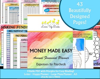 May include: A colorful digital planner with the title "Money Made Easy" and the subtitle "Annual Financial Planner". The planner includes pages for budgeting, debt tracking, and expense tracking. The planner is available as a fillable PDF with margins for easy binding. The planner is available in letter, happy planner, large plum planner, and A5 sizes.