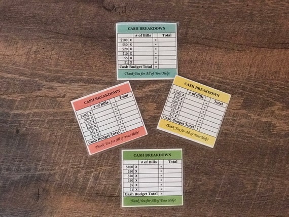 CASH BREAKDOWN LAMINATED Card for Teller: Cash Envelopes Dave Ramsey Inspired Cash Budgeting