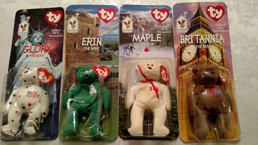 McDonald's TY Beanie Babies Erin, Britannia, Glory, and Maple Bear is a Complete “ORIGINAL” Set with ERRORS!