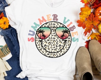 Summer Vibes, Smiley face, leopard print, Summer, retro, bleach shirt, Womens shirt, palm tree, tropical Smiley Face With Glasses Shirt.