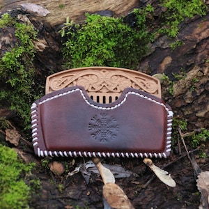 Pettine in legno vichingo Heimdall e custodia in pelle marrone fidanzata fidanzato sorella fratello regalo in legno mamma papà spazzola per capelli barba sposo regalo padre