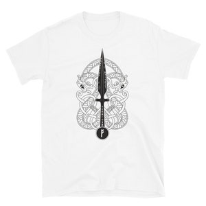 May include: White t-shirt featuring a black and white illustration of a sword with a rune symbol and a knotwork design.