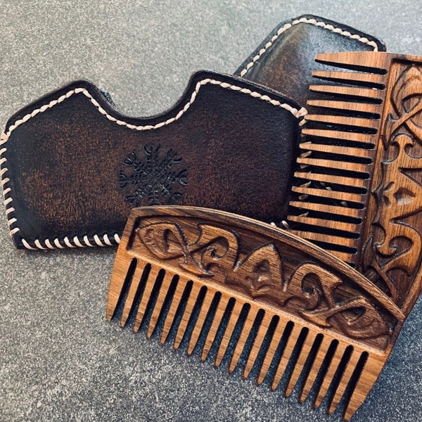 Peigne en noyer et pochette en cuir noir Viking petite amie petit ami soeur frère cadeau en bois maman papa cheveux barbe brosse cadeau de marié cadeau fête des pères