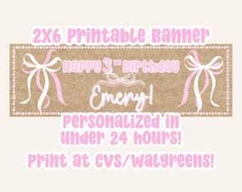 Pink Bow Birthday Banner Printable Customizable 6x2 or 3x1 feet