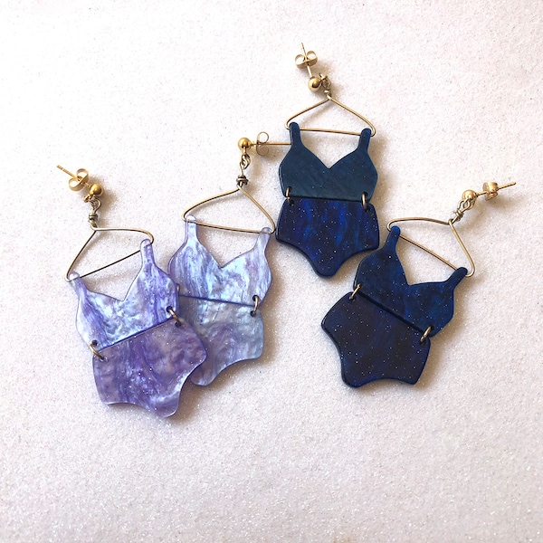 large statement underwear earrings, feminist earrings, bikini earrings, lilac bra earrings, female empowerment earrings