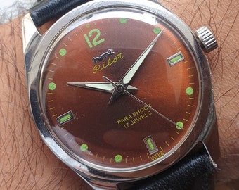 Vintage HMT Pilot Brown Dial Luminous Hands Manual Winding 17 Jewels Mens Wrist Watch