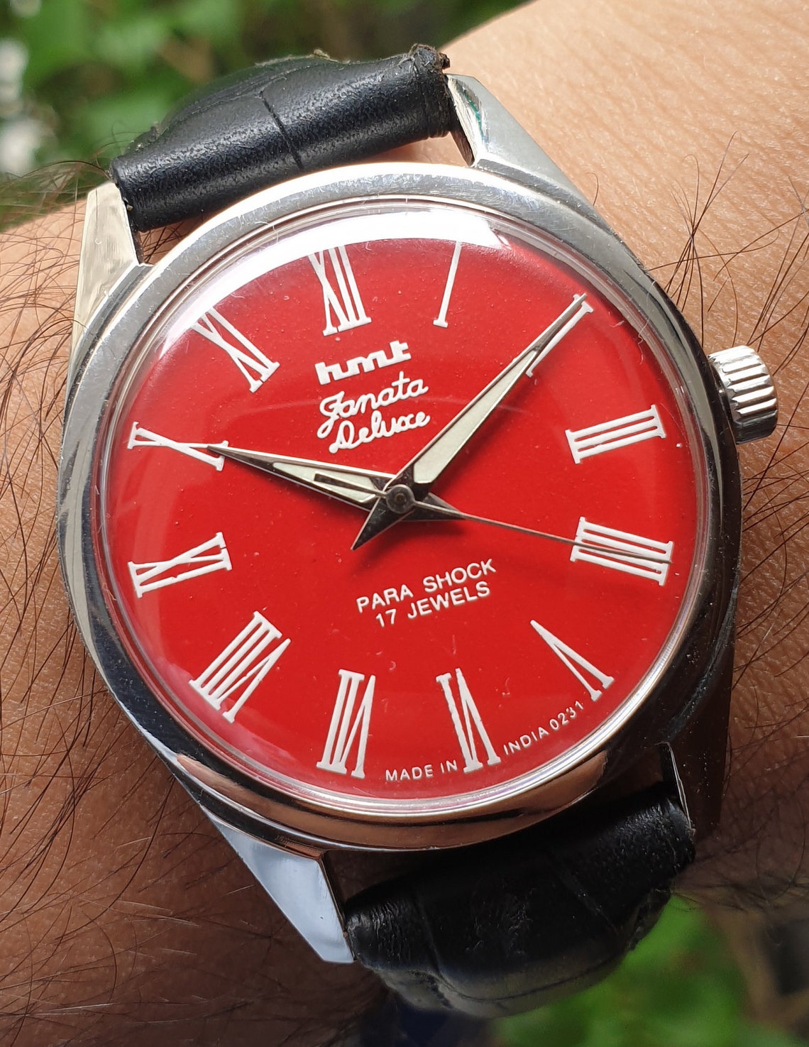 Vintage Hmt janata deluxe roman numerals manual winding 17 jewels wrist watch, foto 2 di 5