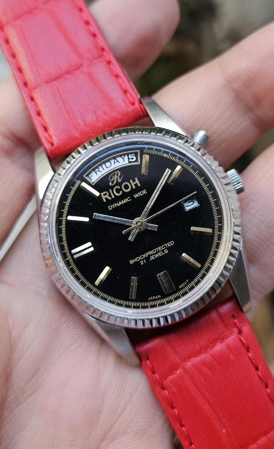 Vintage Ricoh Automatic Watch: Dynamic Wide President Black Dial