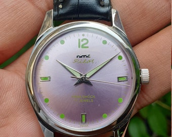 Vintage HMT Pilot Purple Dial Luminous Hands Manual Winding 17 Jewels Mens Wrist Watch