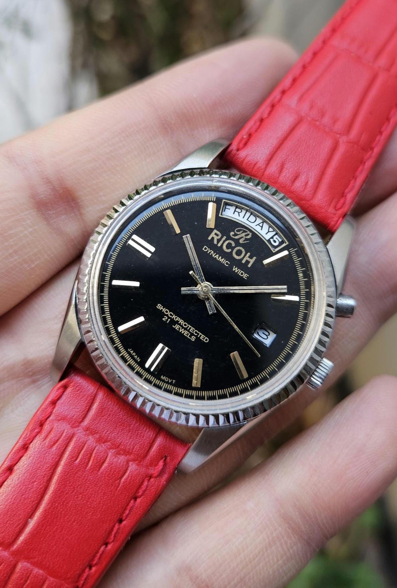 Vintage Ricoh Automatic Watch: Dynamic Wide President Black Dial