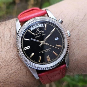Vintage automatisch Ricoh-horloge: dynamische brede president zwarte wijzerplaat, gemaakt in Japan