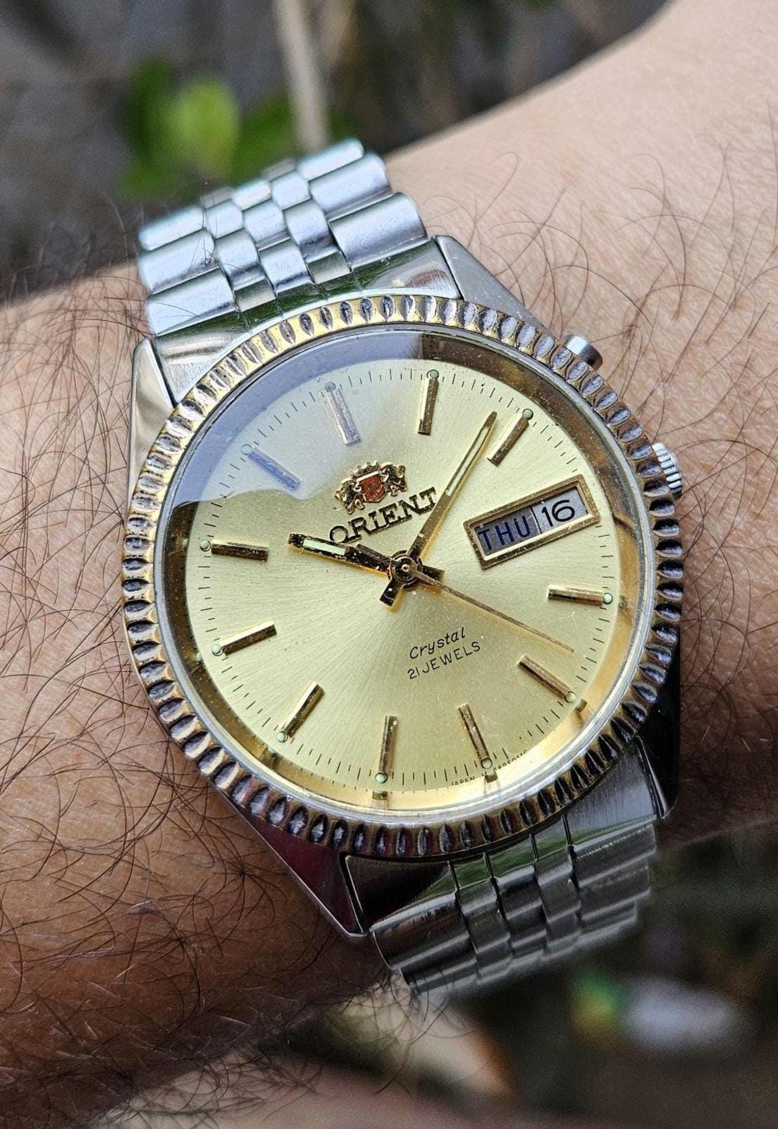 Vintage Orient Crystal Golden Dial Day/date Automatic 21 Jewels