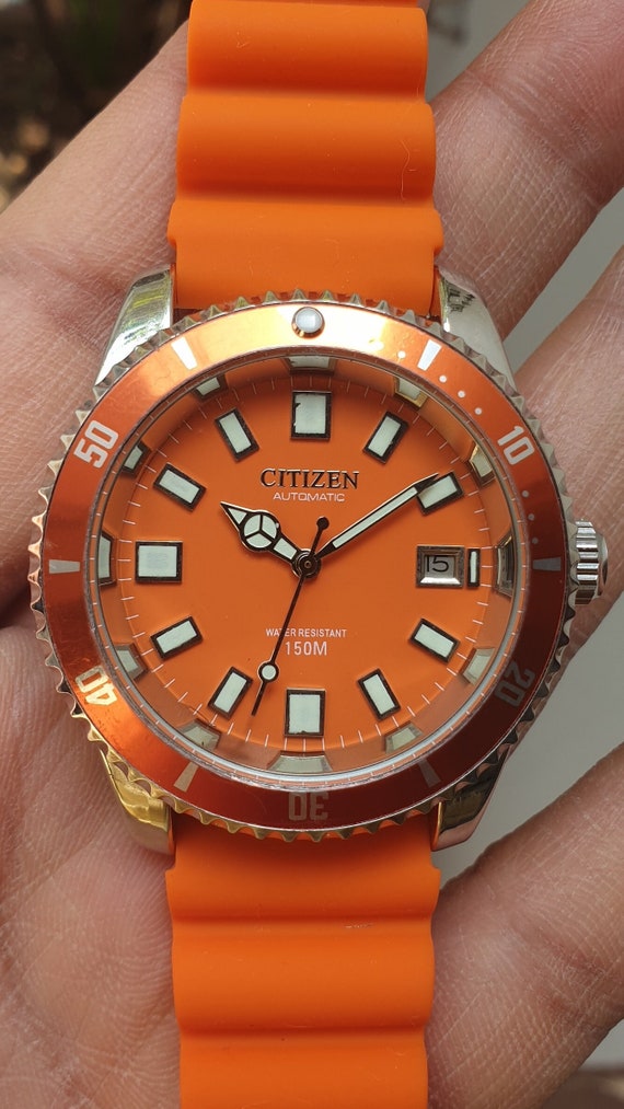 Citizen Automatic Orange Mod Ref 8200 Rotating Bezel Men s Watch Etsy UK