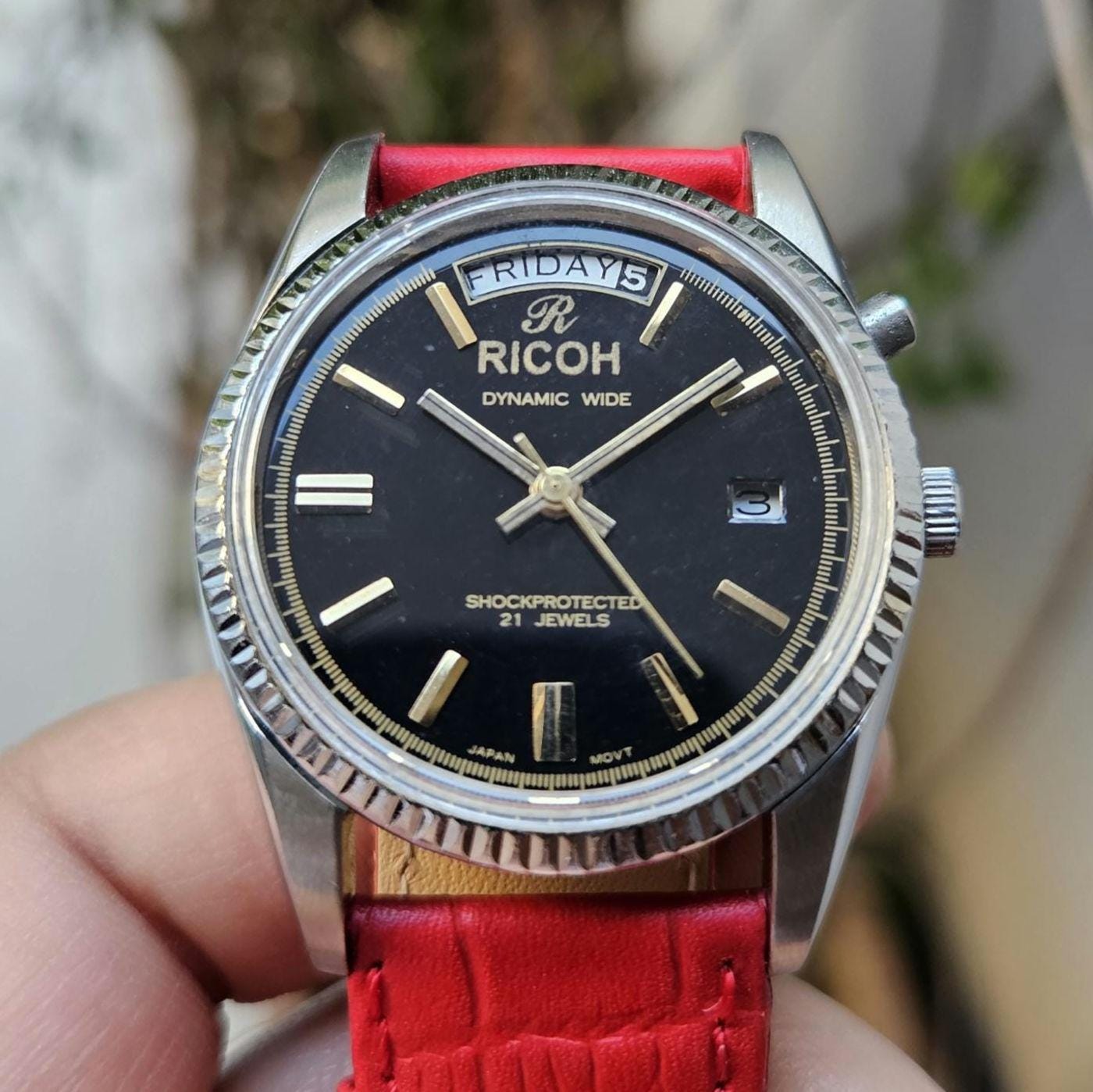 Vintage Ricoh Automatic Watch: Dynamic Wide President Black Dial