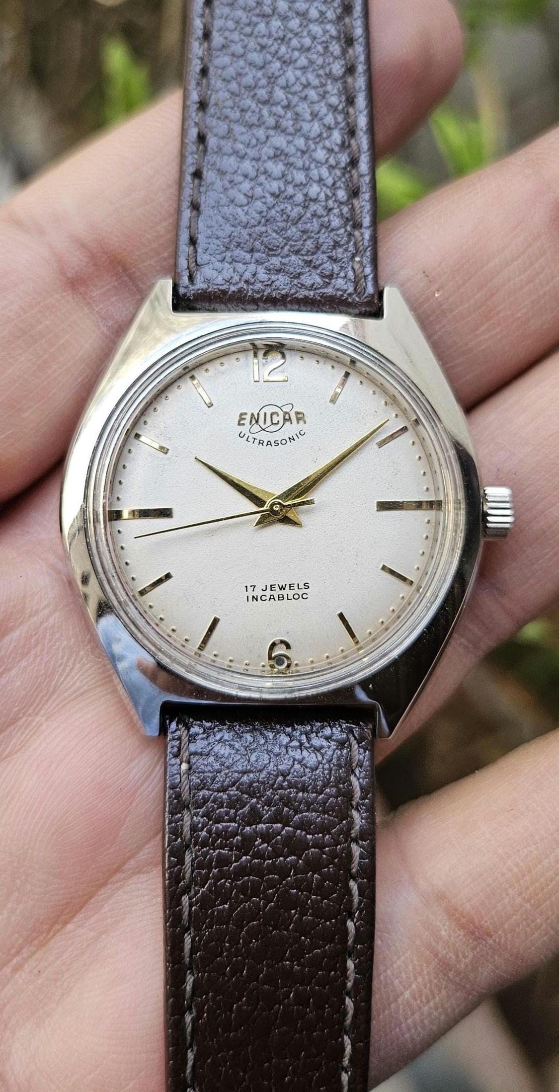 ヴィンテージ ENICAR ULTRASONIC 17 JEWELS 手巻き時計 Vintage ENICAR ULTRASONIC men's manual wind watch Rare sunburst