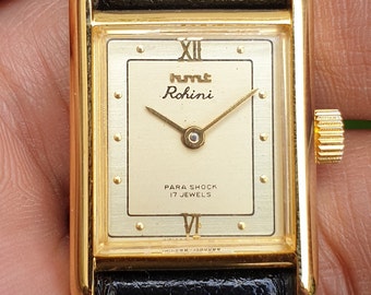 HMT Rohini Tank Golden Dial Two Hands Hand Winding 17 Jewels Women's Wrist Watch