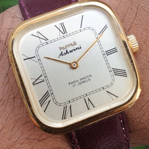 HMT Ashwini Square Roman Numerals Gold Plated Hand Winding 17 Jewels Wrist Watch