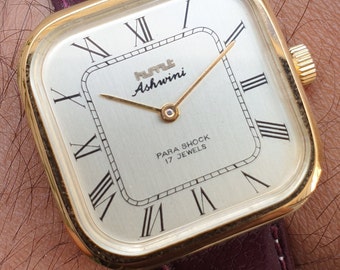 HMT Ashwini Square Roman Numerals Gold Plated Hand Winding 17 Jewels Wrist Watch