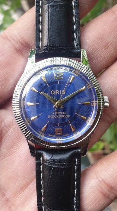 Vintage Oris Blue Dial Hand Winding Wrist Watch Men's Gents FHF