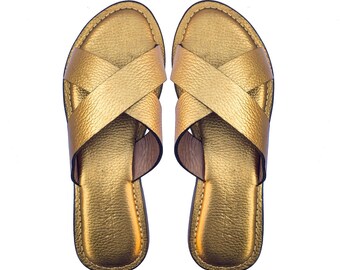 UGONNA female leather criss-cross slippers in gold
