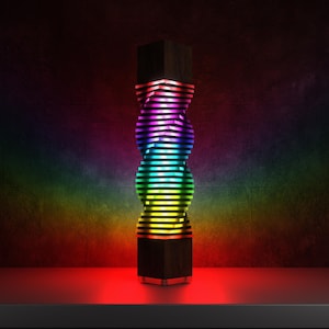 Table lamp SPIRAL TOWER, wooden remote pc lamp, RGB acrylic lightning