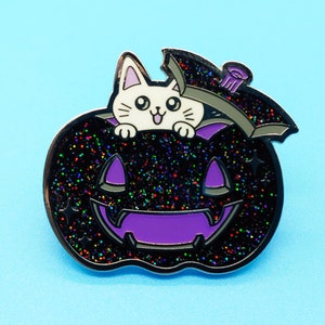 The Pawpkin Enamel Pin Set Black Variant / Nickel plating / Kawaii Halloween Cat Enamel Pin / Galaxy Glitters and Glow in the Dark