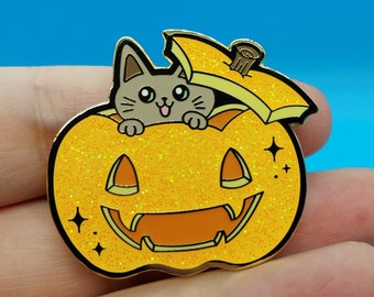 The Pawpkin Enamel Pin Set Orange Variant / Gold plating / Kawaii Halloween Cat Enamel Pin / Glitters and Glow in the Dark