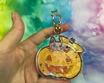 Pawpkin Kawaii Höst Orange Halloween Katt Akryl Holografisk Charm Nyckelring