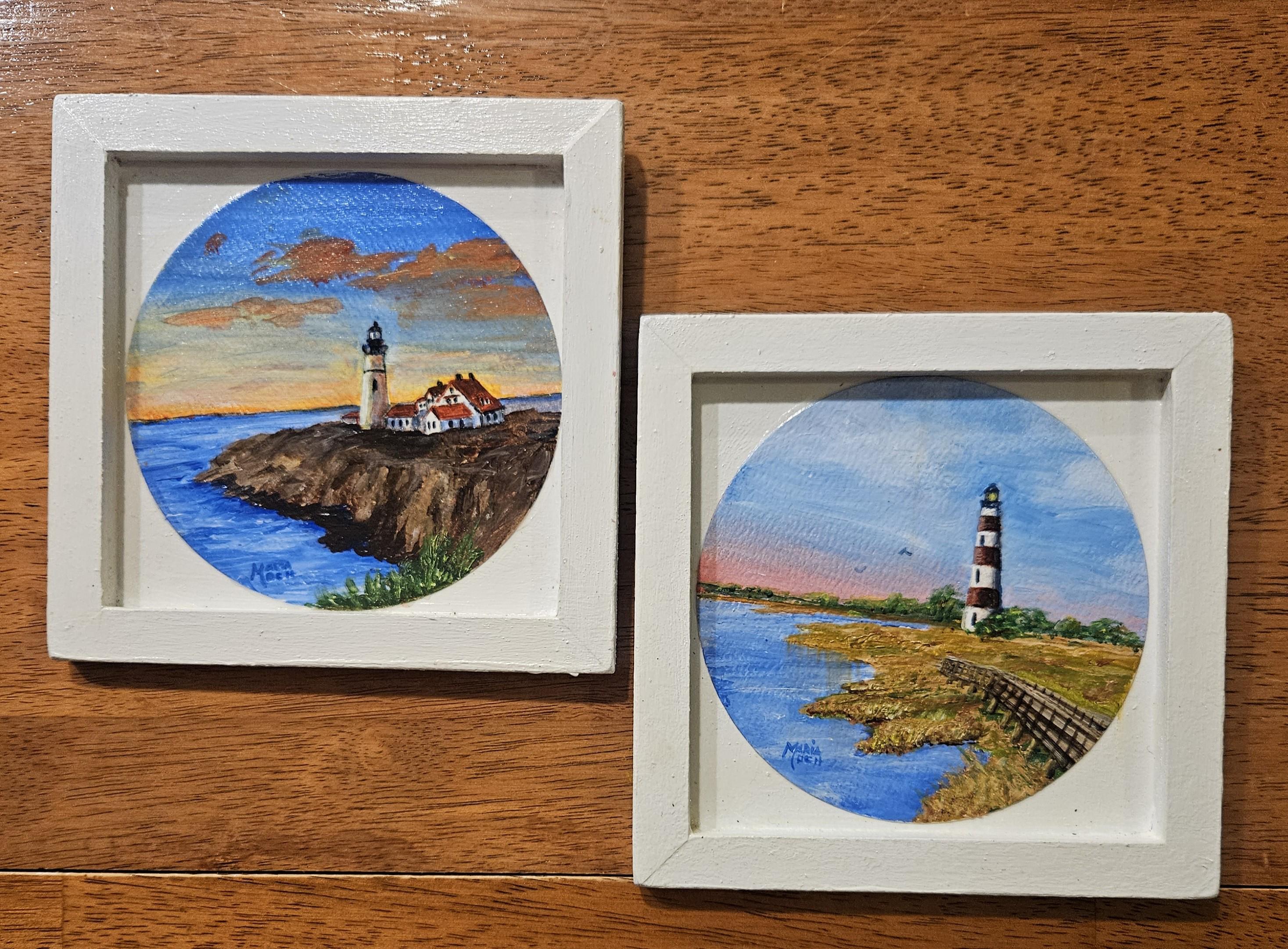 Two Round Acrylic Miniature Lighthouse paintings in wooden shadow boxes