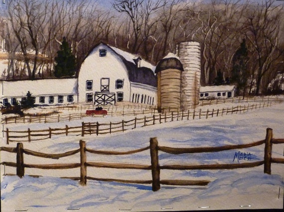 Winter Barn Watercolor Painting (6x9)