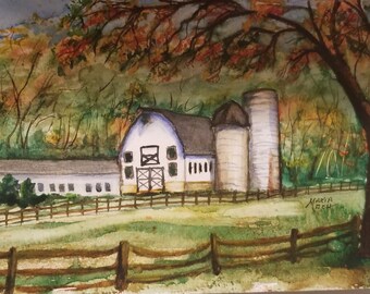 Original Autumn Barn Watercolor Painting